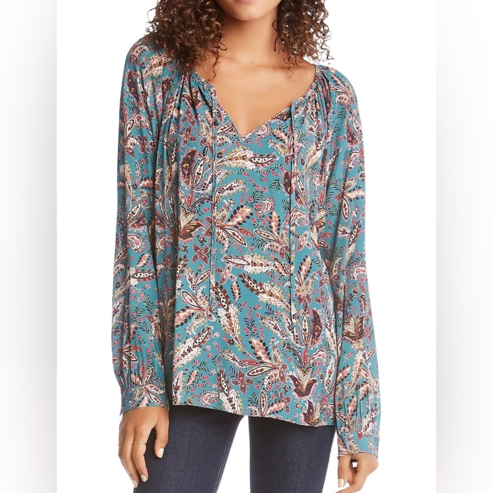 Karen Kane Floral Teal Women's Paisley Printed Peasant Blouse, large